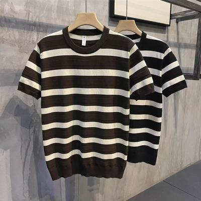 Modisches schwarz-weiß gestreiftes Kurzarm-Strick-T-Shirt für Herren
