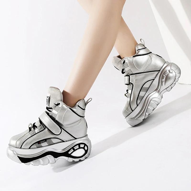 Genuine Leather High top Women Sneakers Wedge Chunky Heel Platform Ankle Height Increase Sports for Adult Women