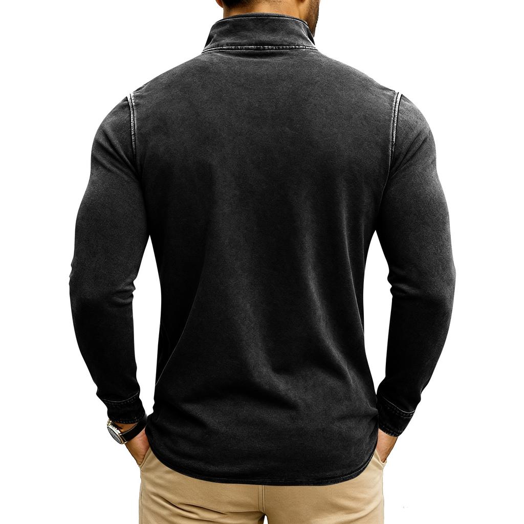 Men's Fashion Solid Color Retro Casual Washed Outdated Quarter Zipper Pocket Long Sleeve T-shirt Top