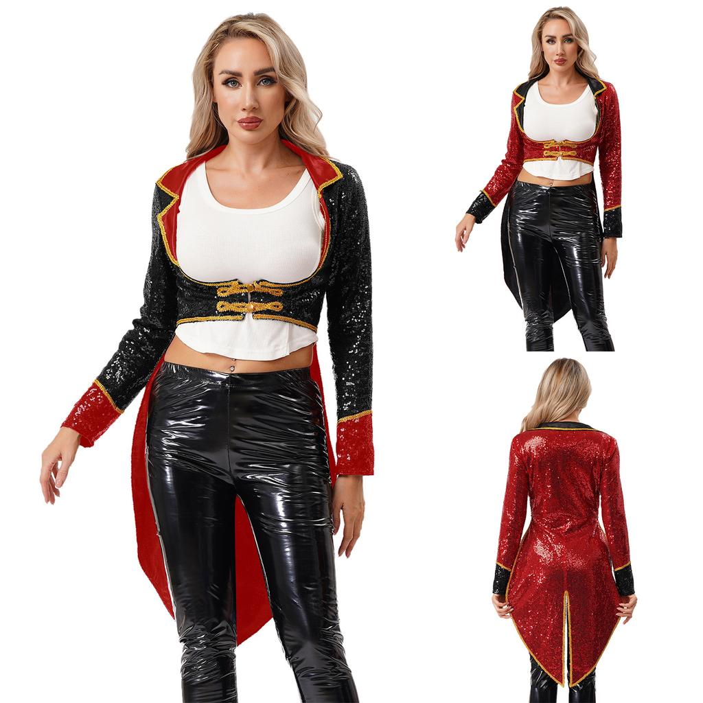 Women Adult Ringmaster Circus Costume Shiny Sequins Gold Webbing Trim Turn Down Collar Long Sleeve Buttons Tailcoat