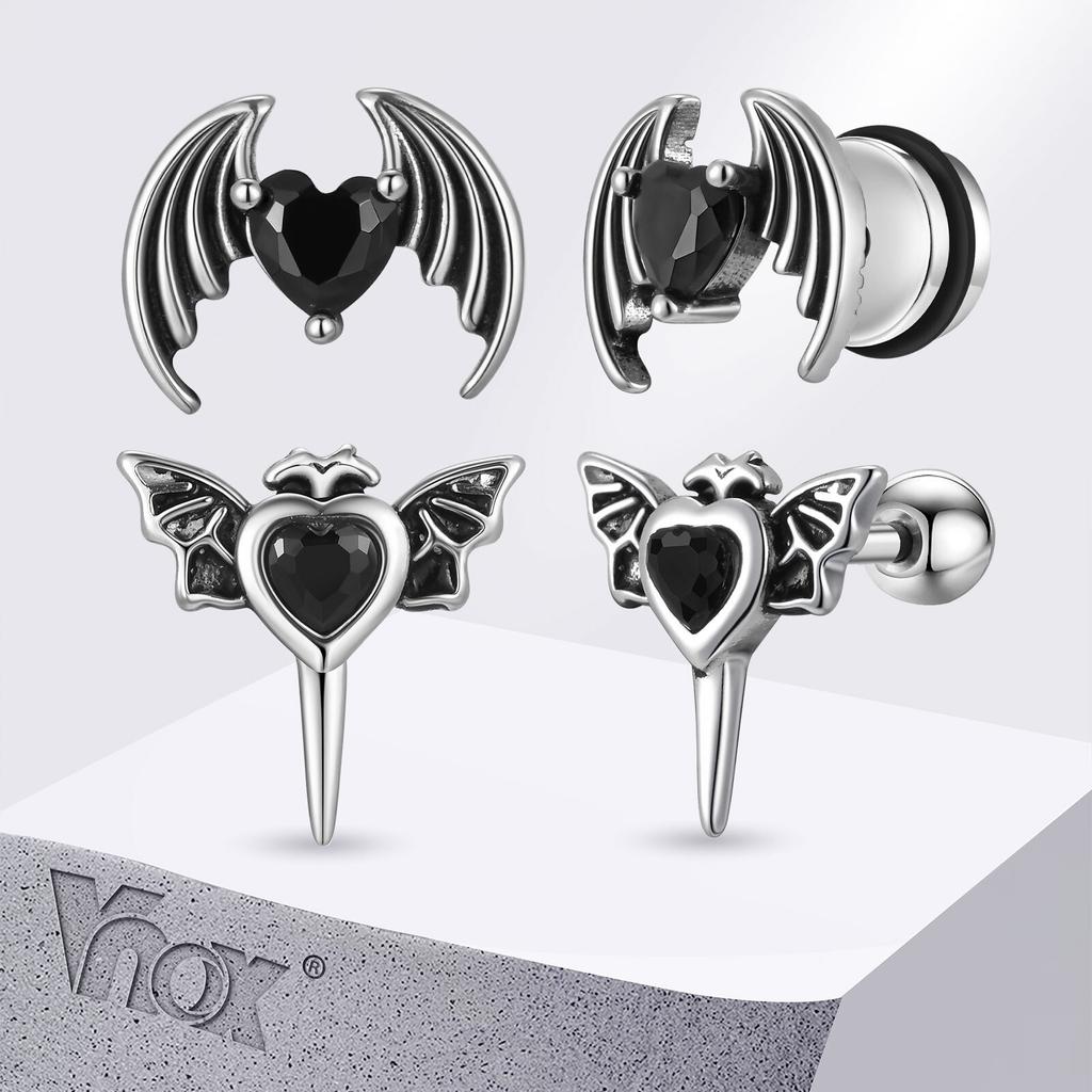 Vnox Heart-Shaped Zircon Stone Wing Earrings for Men Boys, Wing Shaped Screw Back Stud Earrings, Stainless Steel Jewelry Gifts