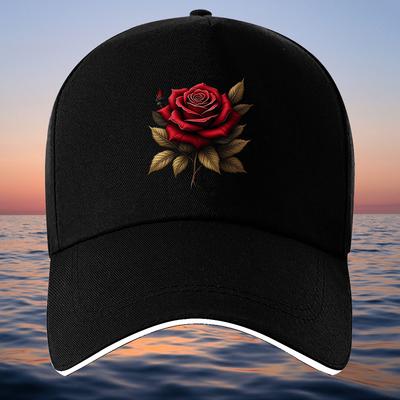 Red Rose Floral Print Black Baseball Cap Adjustable Polyester Outdoor Sporty Unisex Casual Headwear