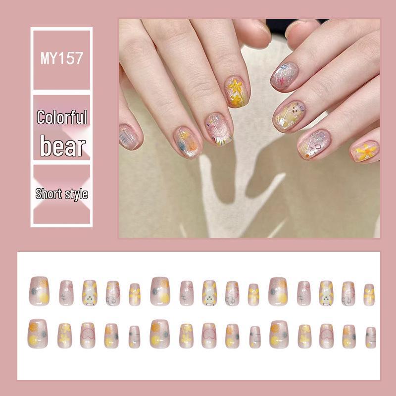 

Adorable Candy Color Bear & Star Cartoon Nails - Cute, Cool, Crystal Flash, Wearable False Nails