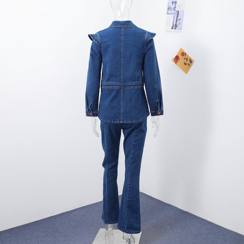 Ensembles décontractés en denim pour femmes, vestes slim à revers et manches bouffantes, pantalons droits taille haute, mode printemps 2025, ensemble 2 pièces pour femme