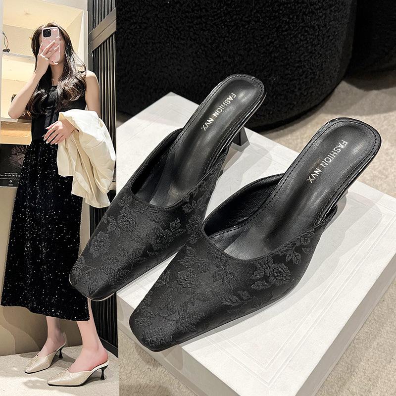 Pointed High-heeled National Style Versatile Outer Wear Thick Heels Cool Slippers Women's 2025 Baotou Half Slippers Women's Fashion New