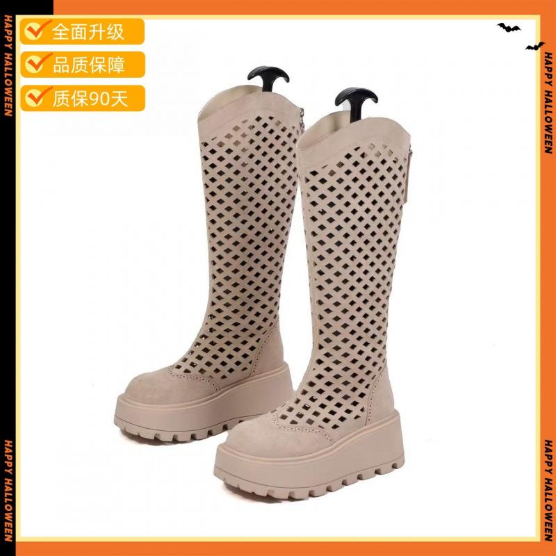 

2025 весна и лето новые полые прохладные сапоги женские на толстой подошве сапоги для увеличения роста полые сапоги до колена лето 40