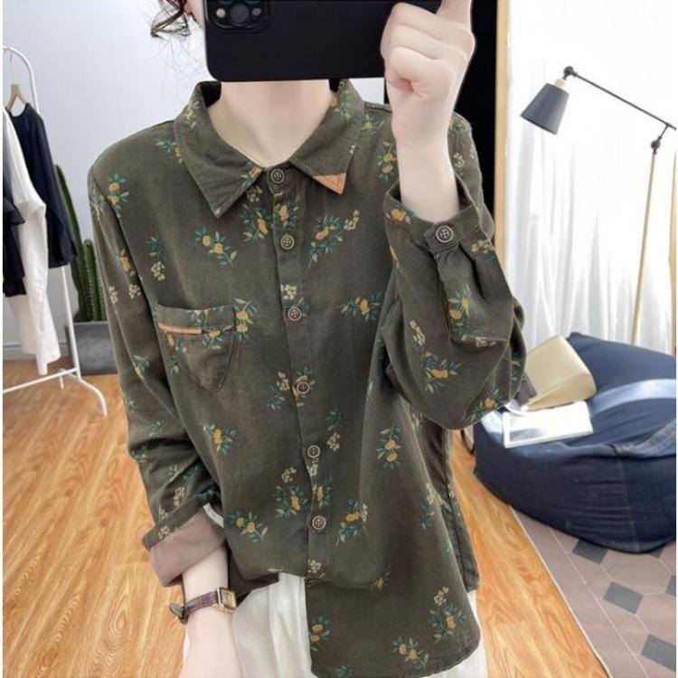 Floral Printed Long Sleeve Top Korean Retro Fashion Women Cotton Linen Autumn Shirt Digital Design Blouse