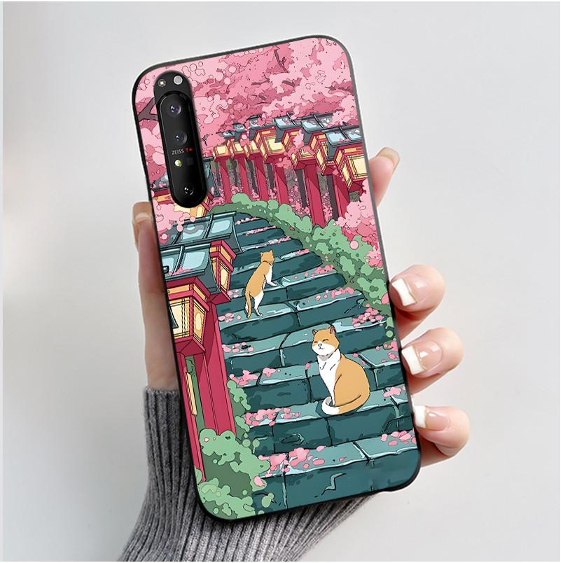 Für Sony Xperia 1 III 1 II Hülle Xperia 1III 1II Niedliche Katze Cartoon Weiches TPU Silikon Schwarze Abdeckung Ultradünne Stoßfeste Schale Fundas