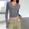 Maglietta da donna autunnale e invernale a maniche lunghe con scollo a V, slim e versatile