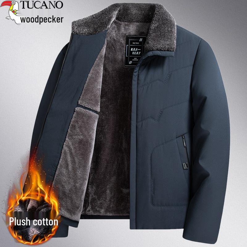 Woodpecker Men's Fleece-Lined Winter Jacket: Thick, Cotton-Padded, Cold-Proof Coat for Middle-Aged and Elderly.