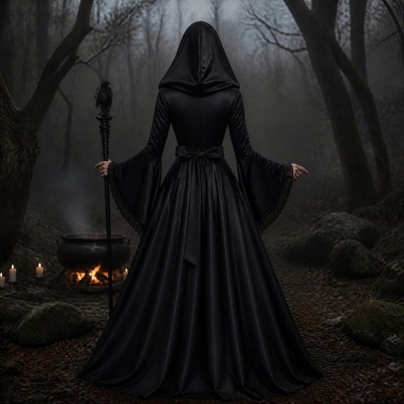 Gotisches Mittelalterliches Langkleid mit Kapuze Kostüm Halloween Hexe Cosplay Bühnenperformance