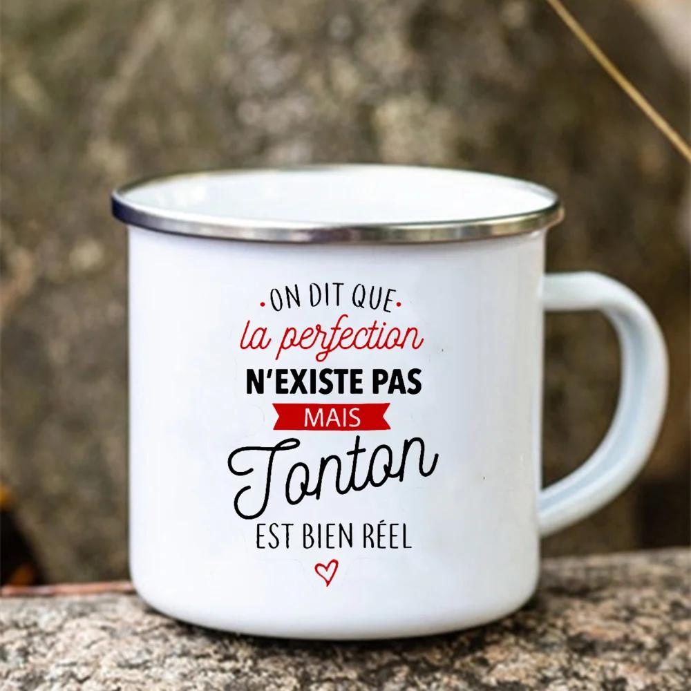 Super Tonton Papy Printed Funny Enamel Creative Coffee Cups Camping Mugs Handle Drinkware Vacation Mug Father's Day Best Gifts