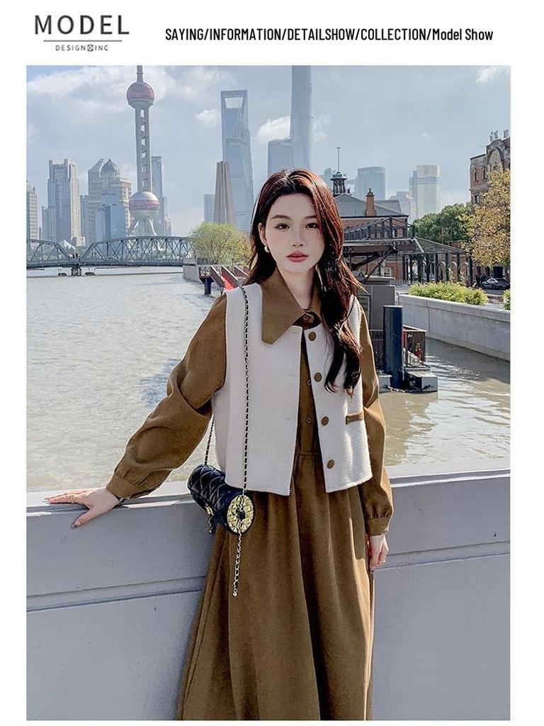 Women's Spring 2024 Long Sleeve Shirt Dress with Fashionable Vest - Two-Piece Set
