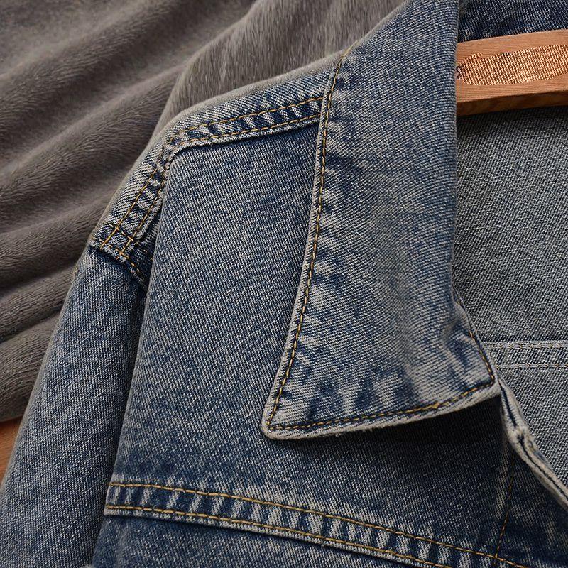 Women's Design Cropped Vintage Blue Denim Jacket with Long Sleeves for a Versatile Loose Jacket