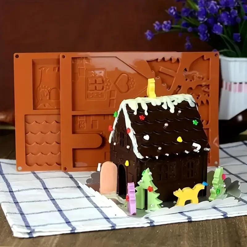 3D Chocolate Silicone Christmas House Log Mold Desserts Fondant Tools Cake Cookie Decoration Bakeware Pastry Tools Accessories