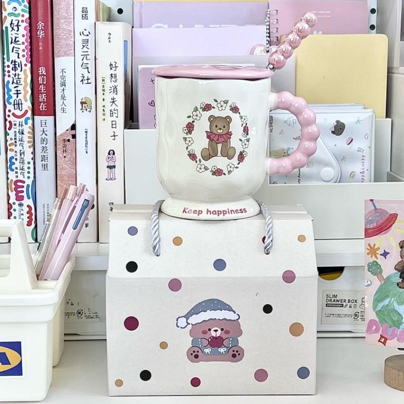 High Looking Cute Little Bear Goblet Cartoon Ceramic Mug with Lid Spoon Girl Coffee Cup Birthday Gift