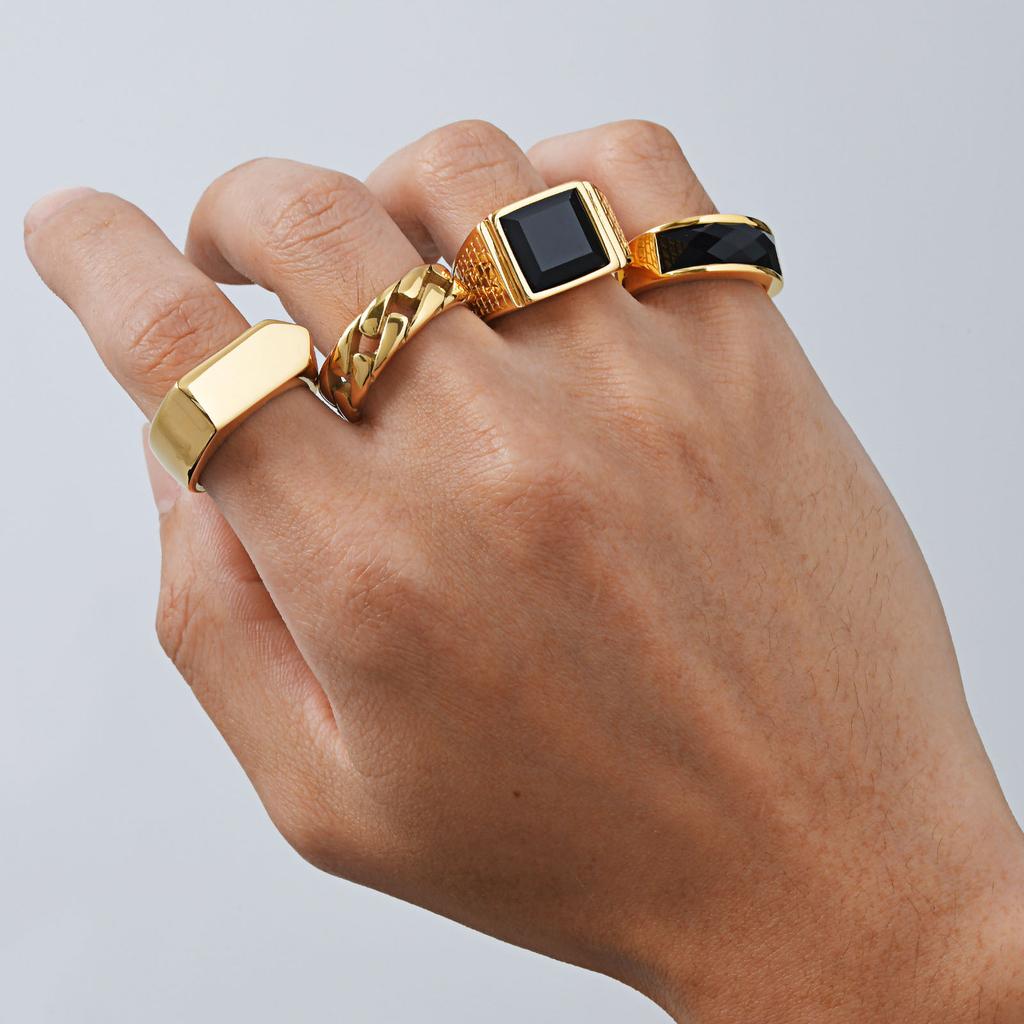 Punk Gold Plated Rings for Men,Black Geometric Square Stone Signet Ring,Male Chunky Thumb Ring