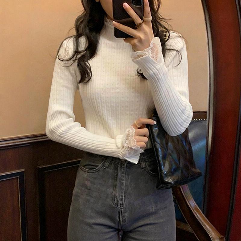 VONDA Autumn Women Turtleneck Long Sleeve Lace Hem Stretch Casual Knitted Sweater Undershirts