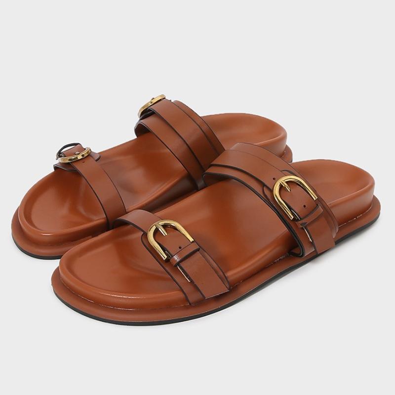 Fashion Metal Buckle Soft Leather Women Roman Shoes Thick Bottom Women Summer Slippers Leisure Comfort Non-slip Women Beach Flat Sandals