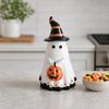 Yousheng Halloween Ghost Figurine with Witch Hat, Cute Small Resin Ghost Holding Pumpkin Statue for Home Table Shelf Desk Decor
