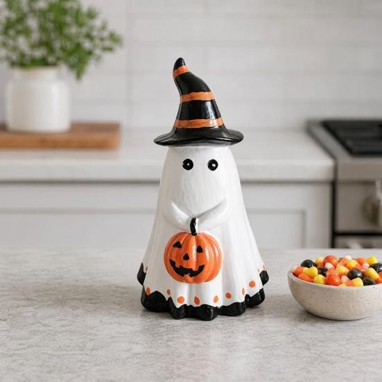 Yousheng Halloween Ghost Figurine with Witch Hat, Cute Small Resin Ghost Holding Pumpkin Statue for Home Table Shelf Desk Decor
