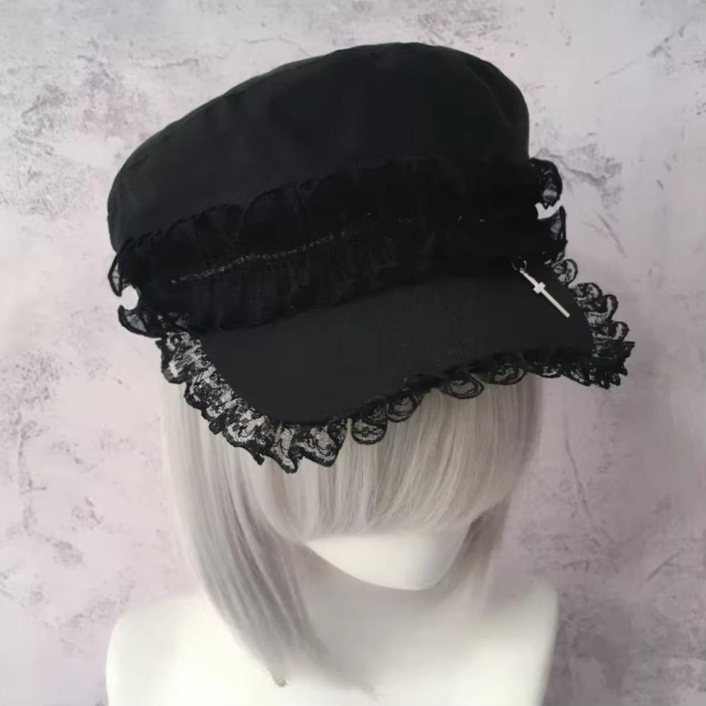 Cool Black Y2K Hat Girl Double Layer Lace Outdoor Sun Hat Versatile Lace Beret Caps  Women Ladies