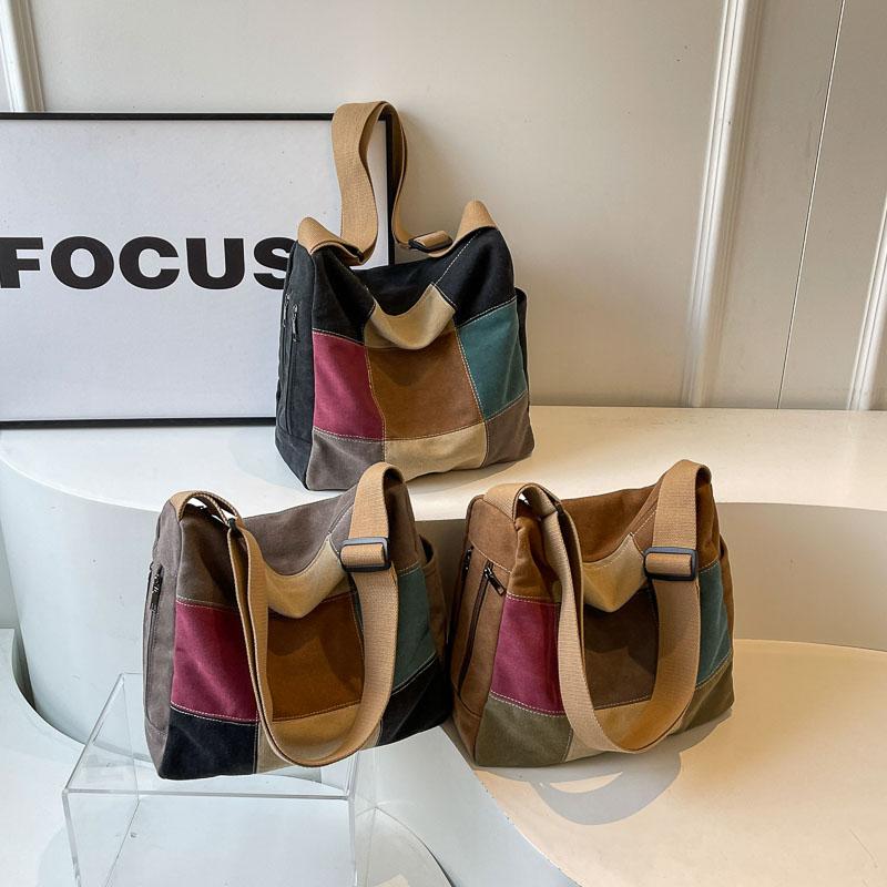 Large Capacity Stitching Contrast Canvas Bag Women's Crossbody Bag Student Class Commuter Bag