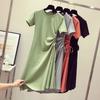 Women's O Neck Short Sleeve Solid Drawstring Waist Loose Fit Elegant Casual Midi A-Line T Shirt Dress