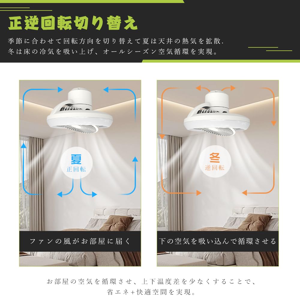 Reversible Ceiling Light with E26 Base, Oscillating Head, and Timer, Suitable for 6-8 Tatami Mats (approx. 12 sq ft) and 2-in-1 Fan, Smartphone