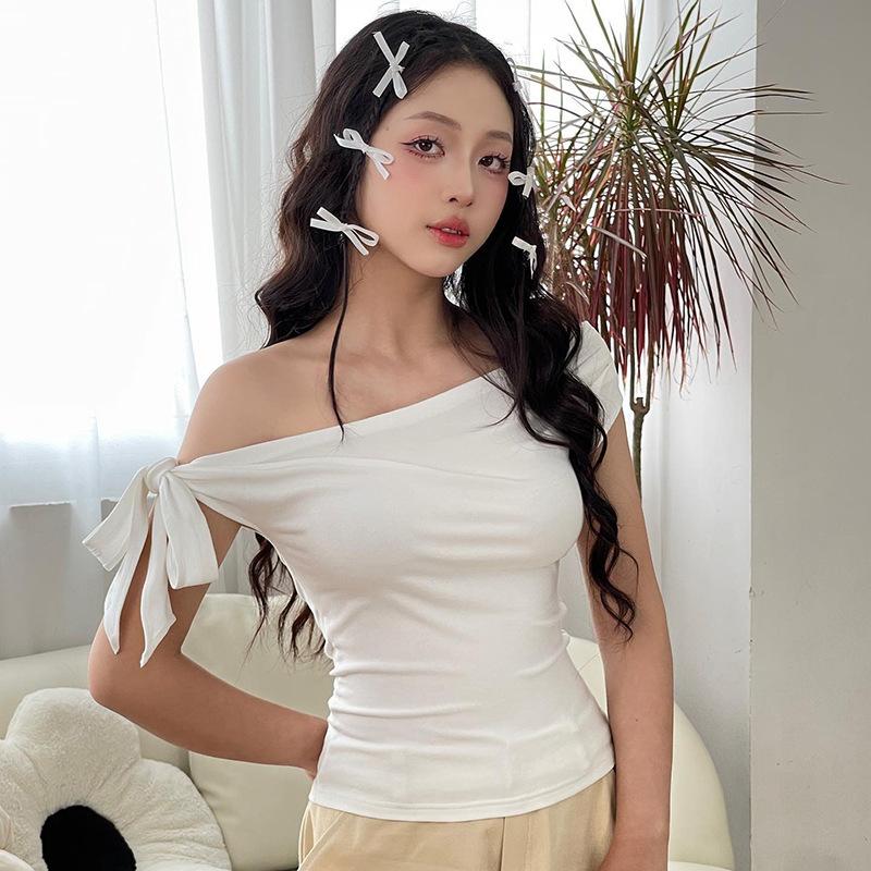 Women Sexy One Shoulder Tie Ruched Asymmetrical Slim Fit Crop Top T Shirt S белый