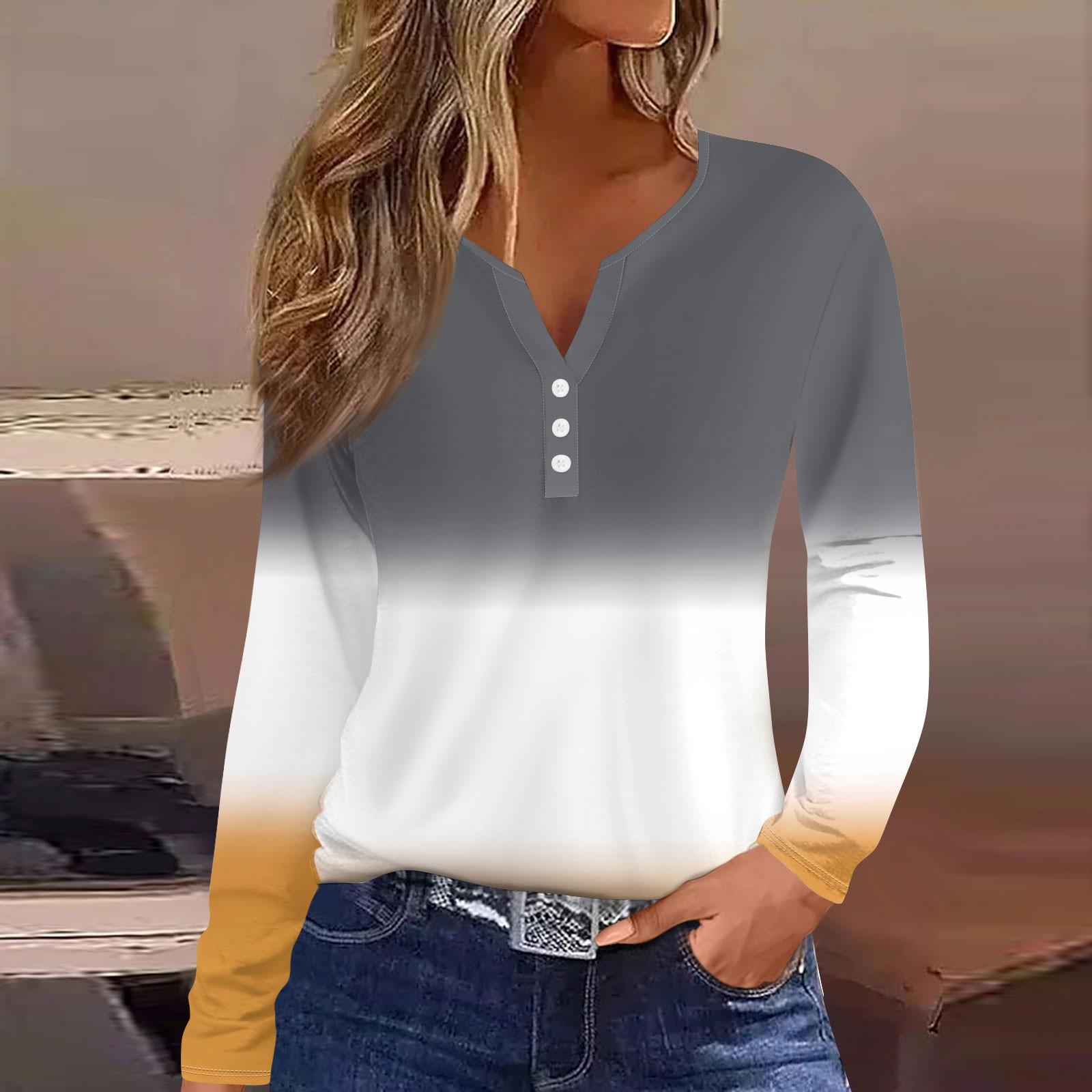 

Женская модная повседневная футболка с v-образным вырезом и длинными рукавами и декоративными пуговицами, топ XL оранжевый