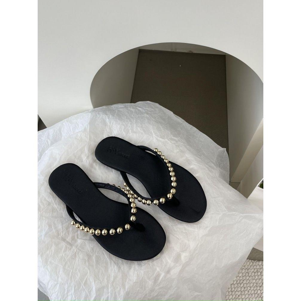 2025 summer new fashion steel ball flat-bottomed flip-flops women's outer wear pinch slippers soft-soled non-slip beach shoes women