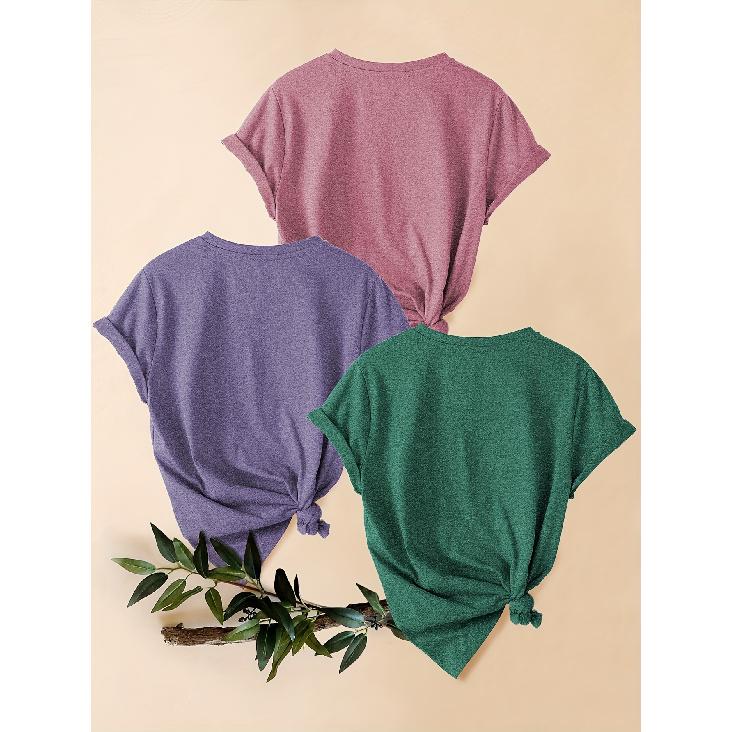 2026 3 Pack Vintage Print Round Neck Women Short Sleeve T Shirts Polyester Knit Casual Sports Daily Tops