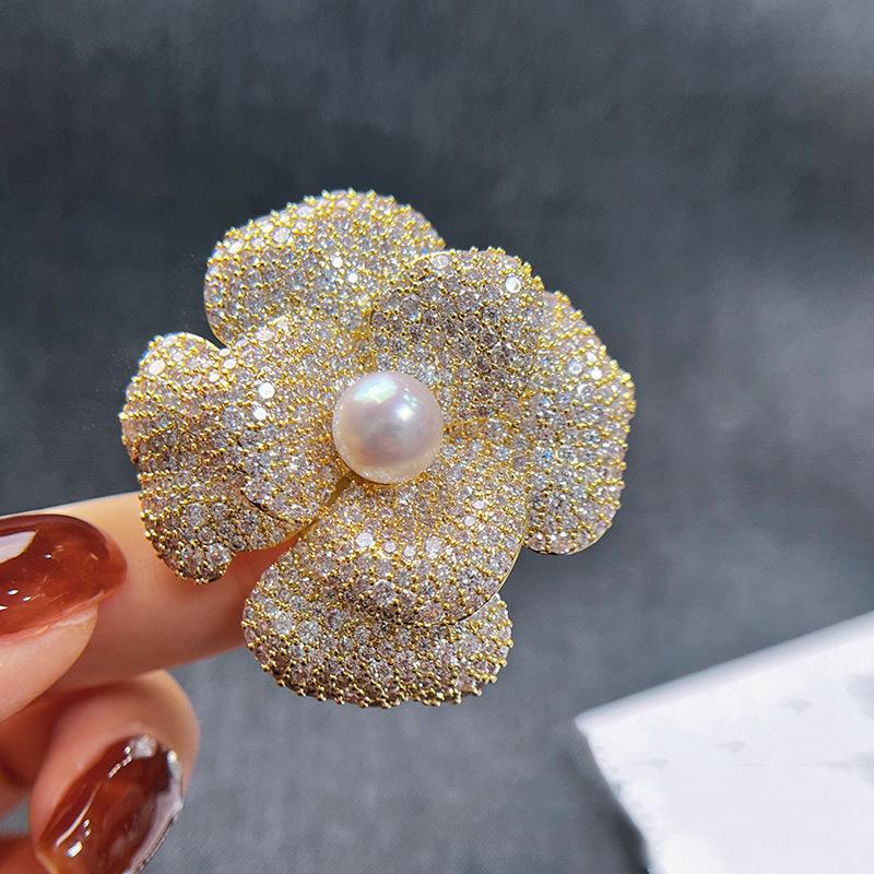 Elegant Zircon & Pearl Flower Brooch: Gold-Plated Copper, DIY with Diamonds