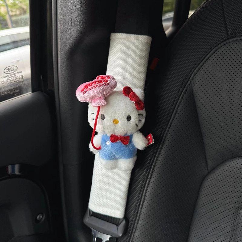 Car Seatbelt Shoulder Pad Cute Kitty Cat Pink Plaid Seatbelt Decoration Interior High-End Feel for Girls Kt+White Ice Silk Single