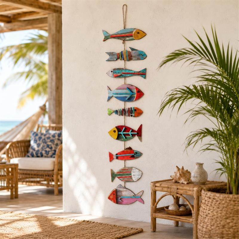 Fish Wall Hanging Sign Coastal Decors, Painted Wood Accent Sculpture with Distressed Finish for Bedroom Entryway Living Room