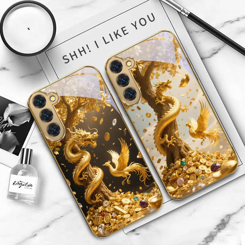 Golden Dragon Coiling For Samsung Galaxy S20 FE S21 S22 S23 Plus S24 Ultra S25Ultra S21+ S9+ S22Plus Golden glass phone case