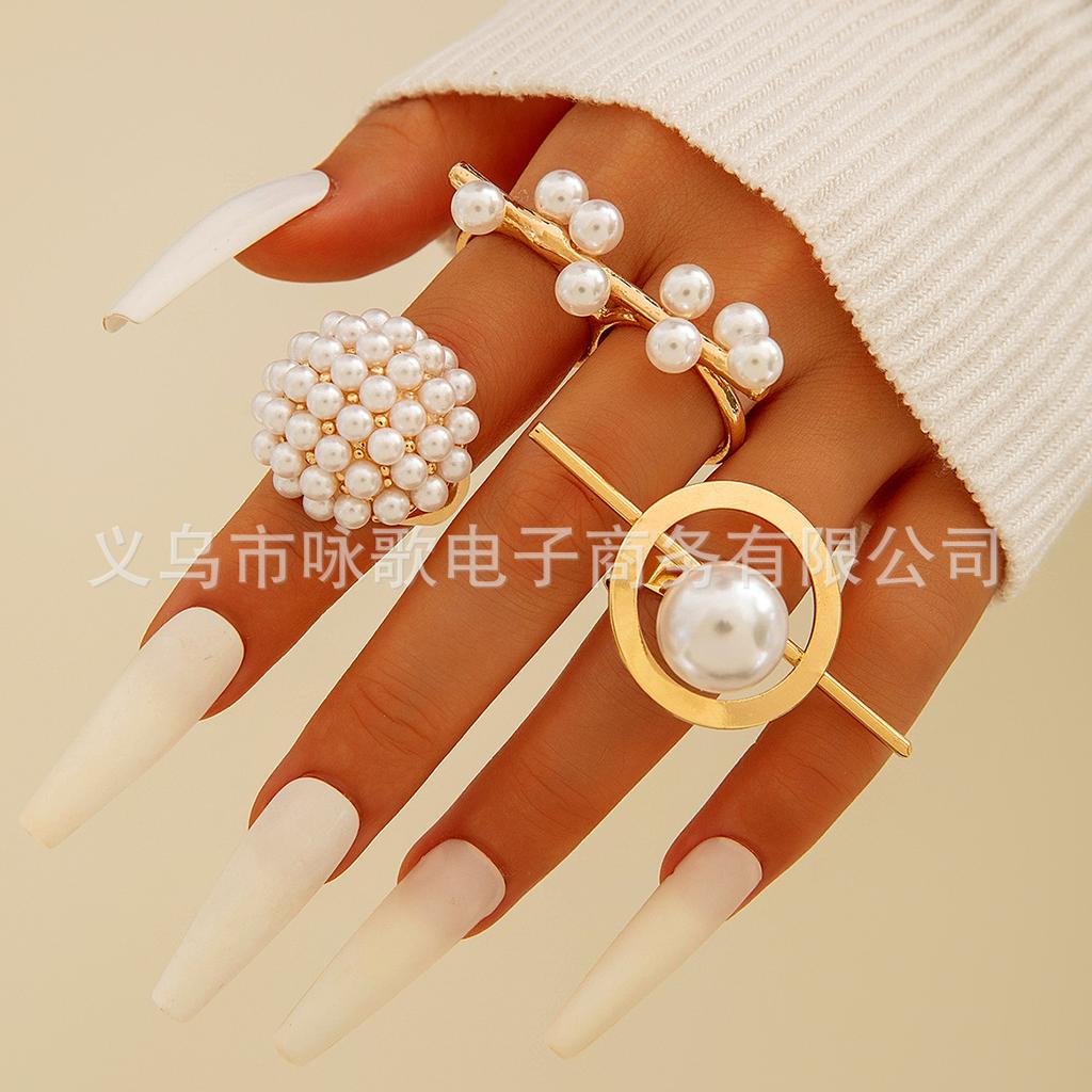 European and American design liquid lava flower opening ring ins baroque imitation pearl set gemstone ring