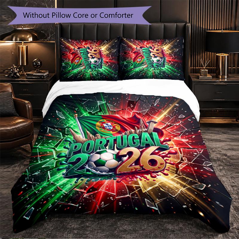 Portugal Football Pattern 3 Pieces Bedding Set Soft Microfiber Duvet Cover with Pillow Cases for Bedroom