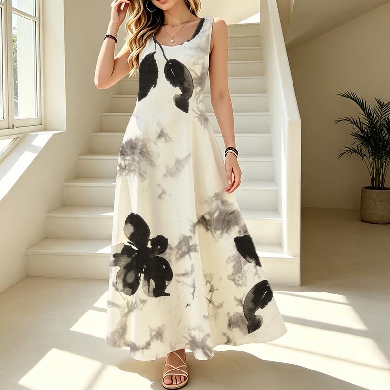 Ink Floral A-Line Maxi Dress,Loose Fit Lightweight Beach Vacation Dress,Versatile for Casual Daily Wear