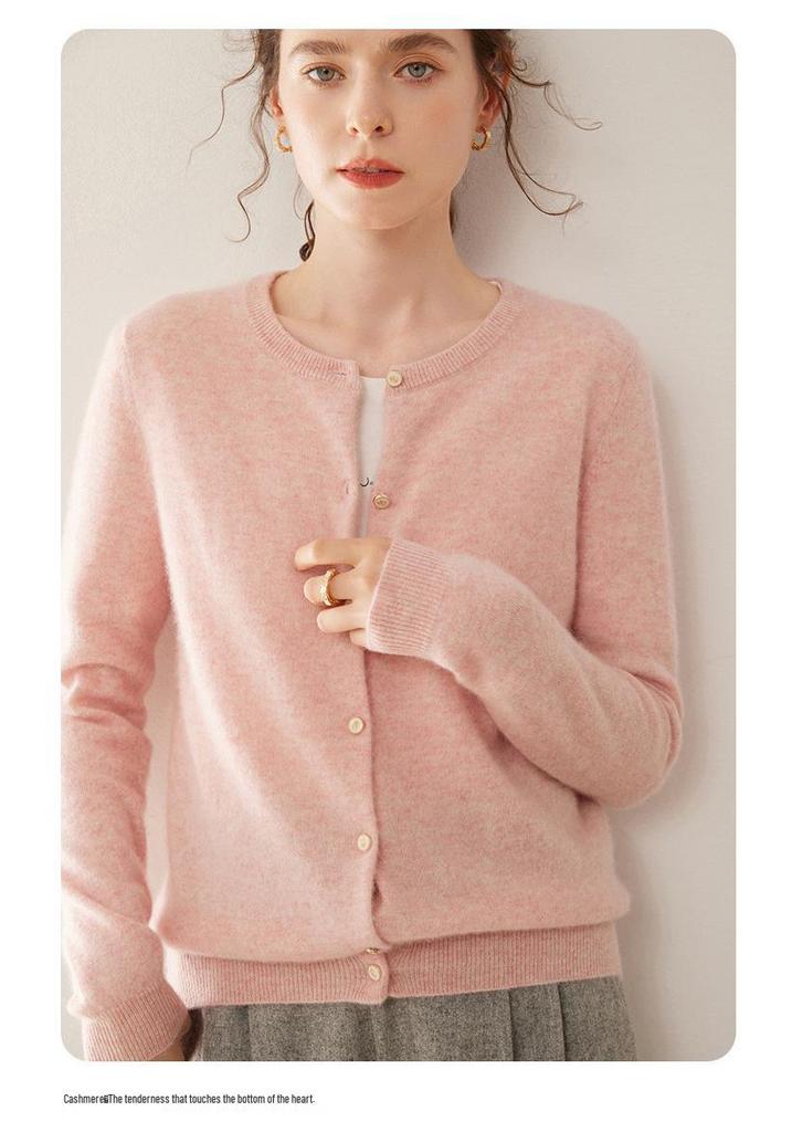 Women's Round Neck Slimming Cashmere Cardigan - Autumn/Winter 2024 Collection, Solid Color Short Jacket