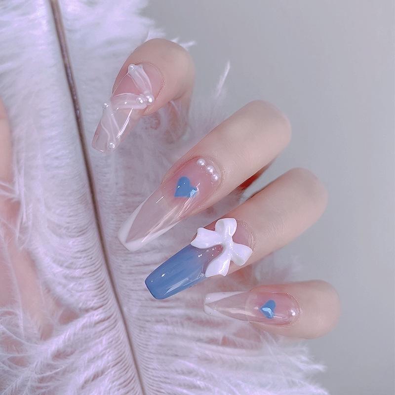 Ice Blue Heart Ribbon Ballet Bow Nail Art Stickers - French Tips, Wearable, Long False Nails Glue Type