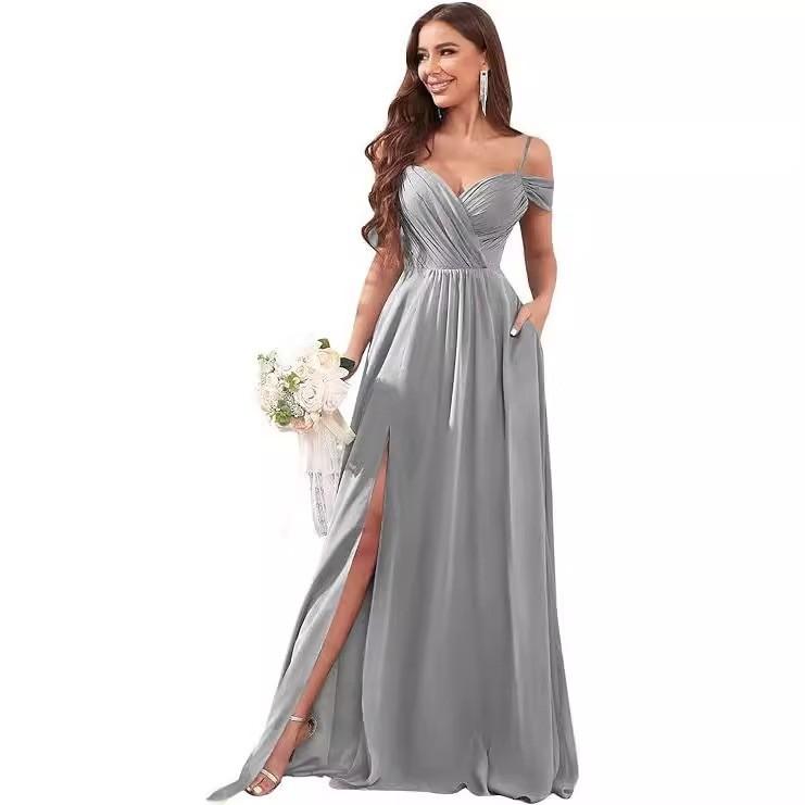 1011 new evening dress European and American bridesmaid dress suspender long dress solid color banquet evening dress