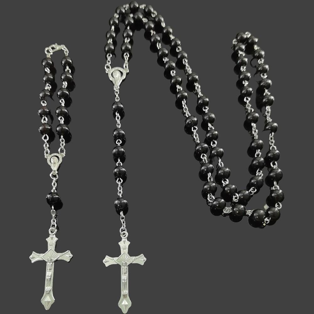 Imitation Pearl Religious Jewelry Set Sweater Chain Long Cross Pendant Necklace Devotional Vintage Style Christian Bracelet