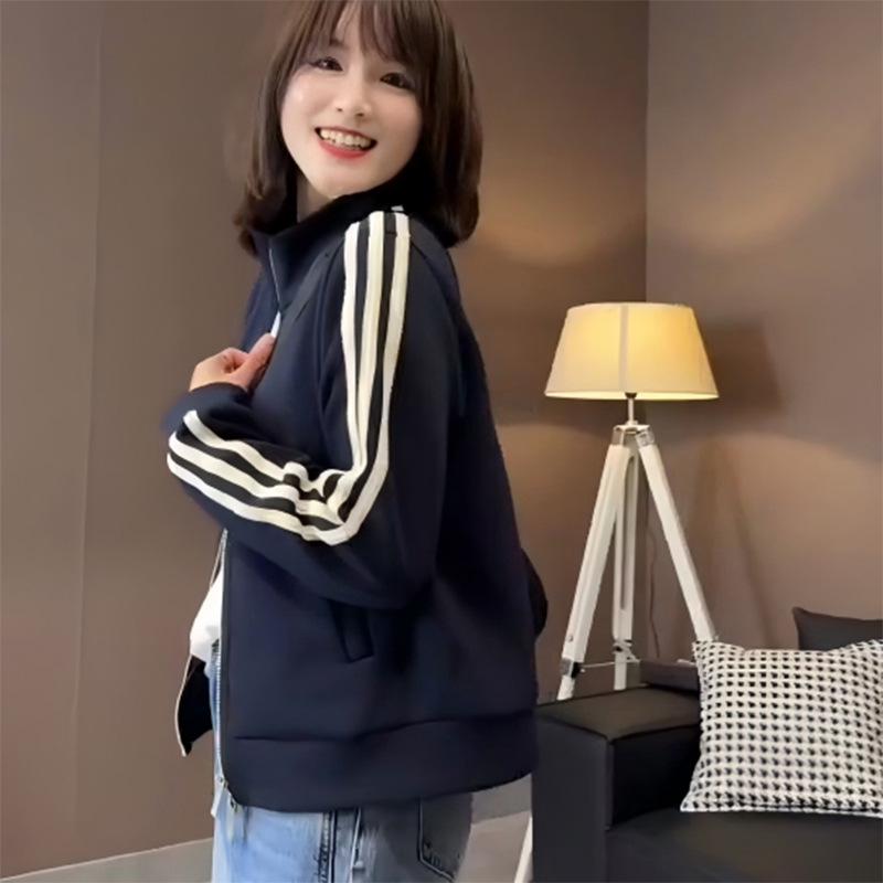 

Женская толстовка на молнии с тремя полосками в корейском стиле - Коллекция Весна 2025, Повседневный кардиган маленького размера Small темно-синий