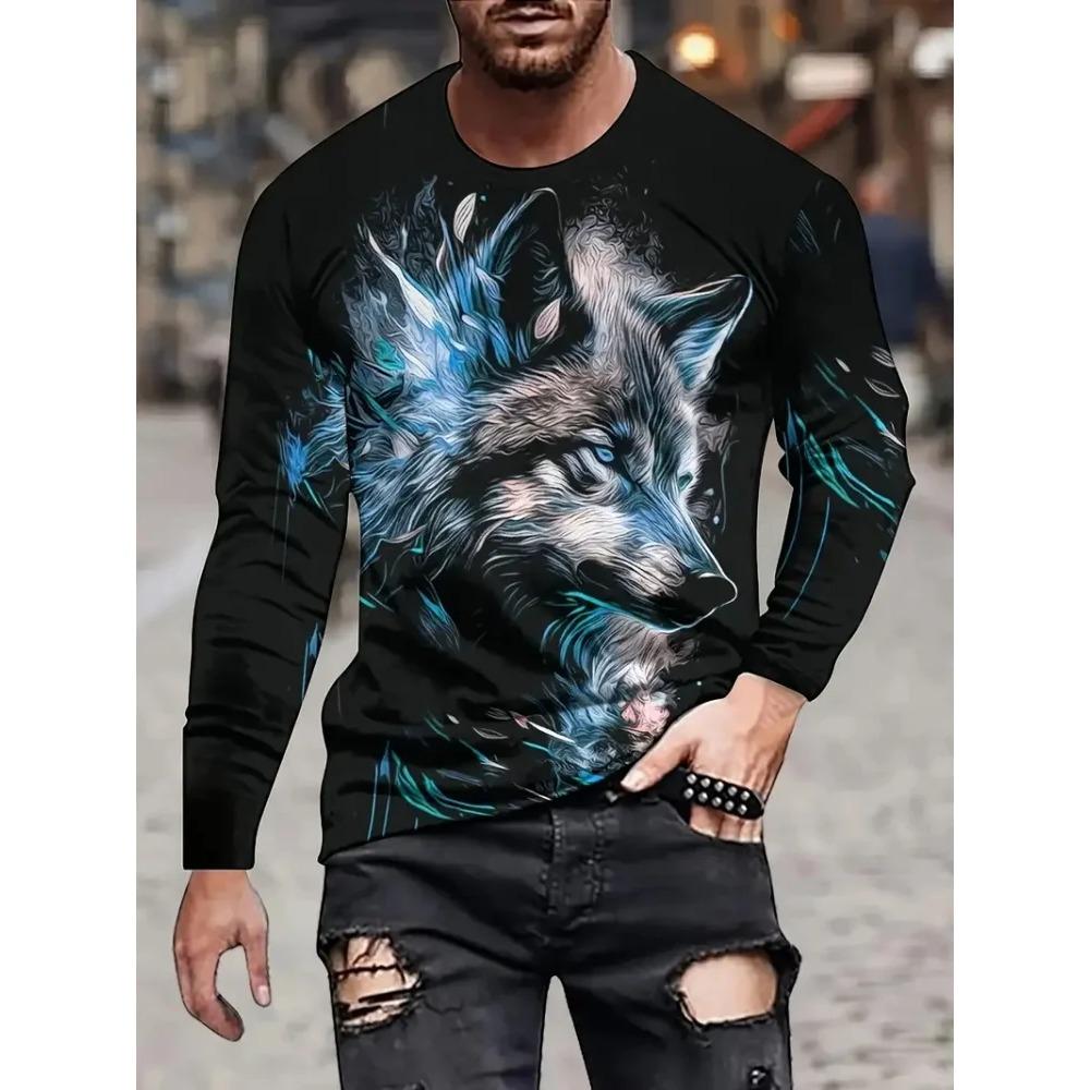 Spring and Autumn Round Neck 3D Animal Pattern Printed Top Fashionable Casual Long Sleeved Men's T-shirts