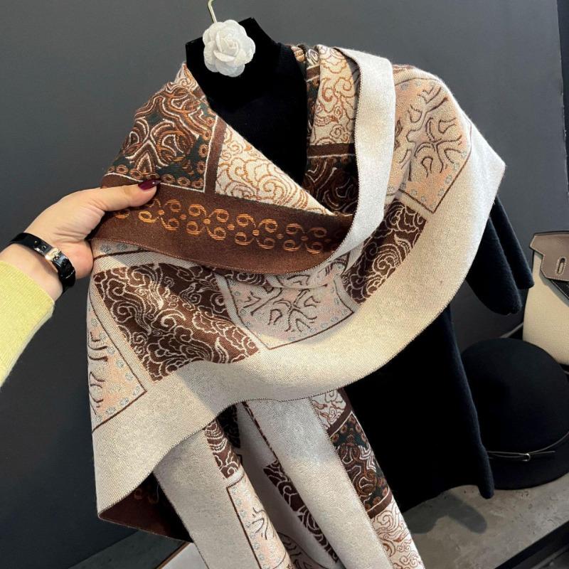 Imitation cashmere scarf women's autumn and winter new retro totem shawl thickened warm loose beard scarf