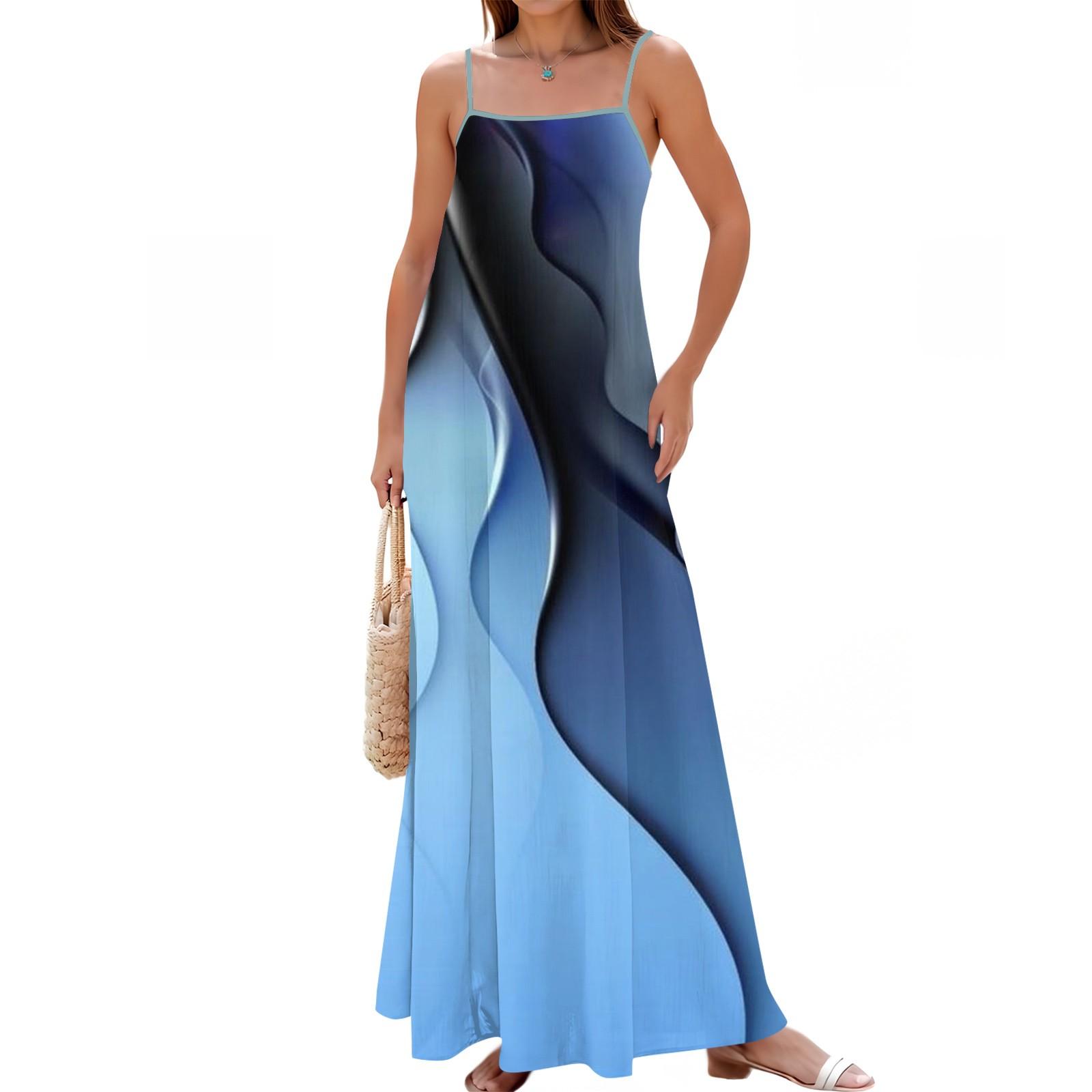 

Женское летнее повседневное модное регулируемое длинное платье с принтом на подтяжках XXL синий