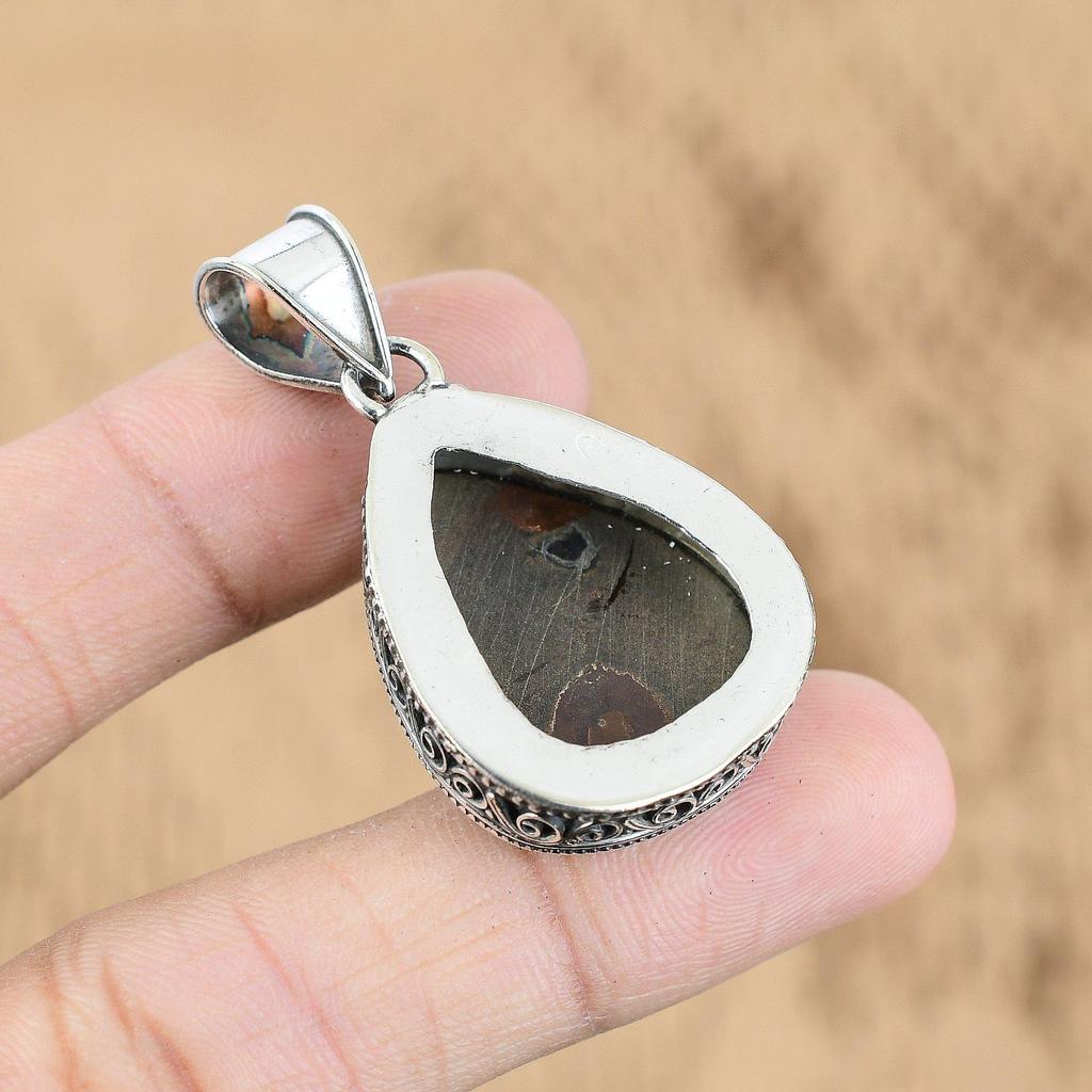 925 Silver Pear Moroccan Mud Crack Fossil Stone Wife Vintage New Pendant Jewelry
