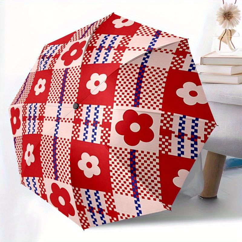 1pc Floral Checkered Automatic Folding Umbrella, 8-Rib Sturdy Canopy, Portable Travel Umbrella for Outdoor Use